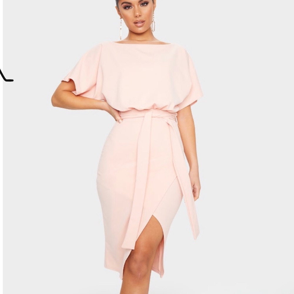 Nude Wrap Front Kimono Sleeve Midi Dress